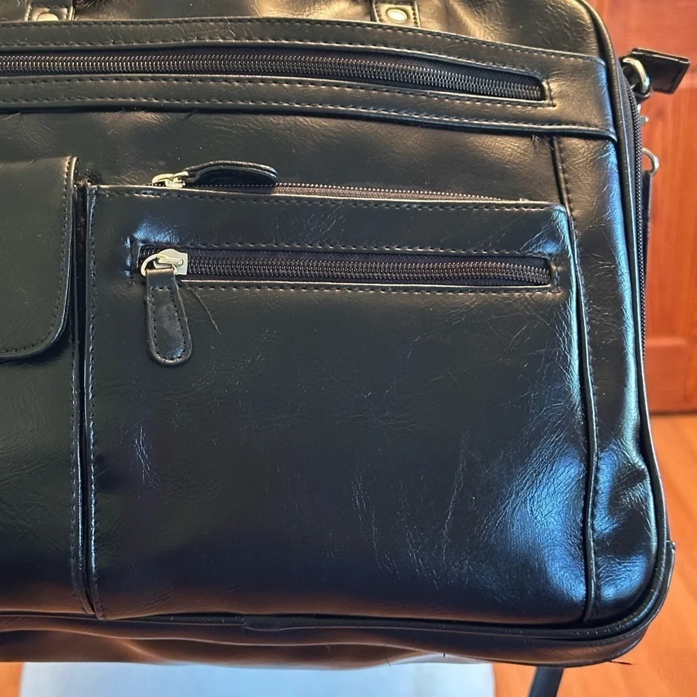 Black Vinyl Laptop Briefcase Business Tote Bag Multi Pocket Zip Work Bag